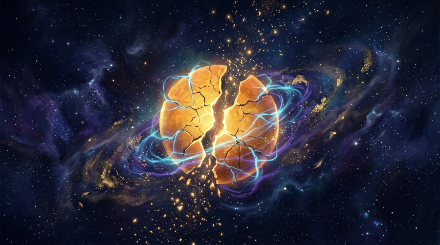 Cracked golden sun-disc threaded with cosmic blue light representing the reclaimed inner radiance of Chiron in Leo