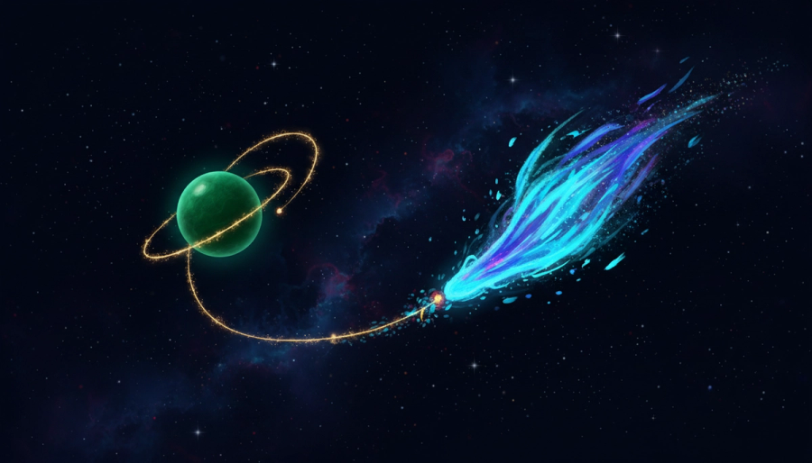 A calm golden sphere and an electric blue sphere held in cosmic tension