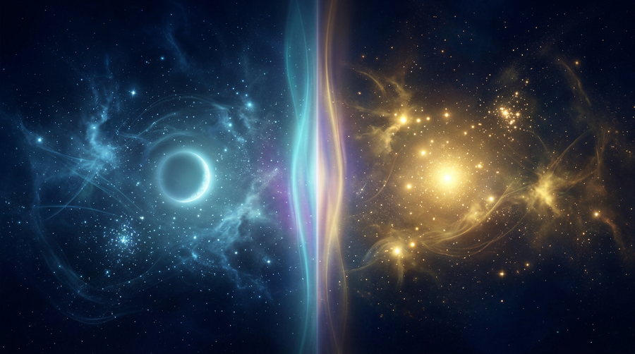 Abstract cosmic boundary where blue lunar energy meets warm solar light representing the cusp of oscillation