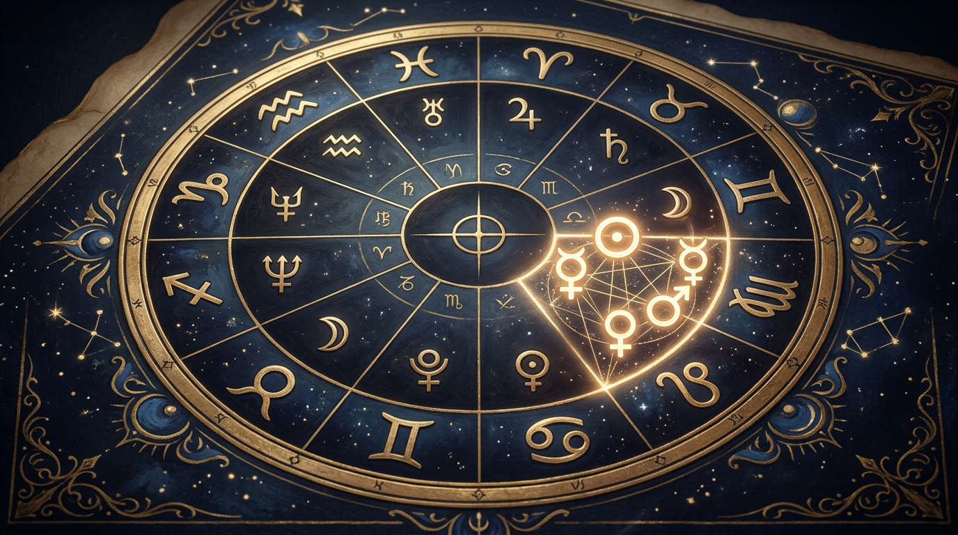 Astrological natal chart wheel with cluster of planetary symbols concentrated in one zodiac sign demonstrating what a stellium looks like