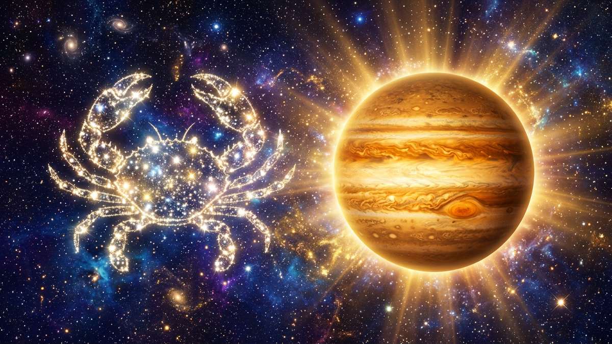 Jupiter transit 2026 in Cancer - majestic Jupiter entering the Cancer constellation with golden light of exaltation