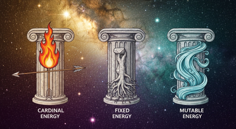 Three pillars representing cardinal fixed and mutable astrology modalities with flame stone and water symbols