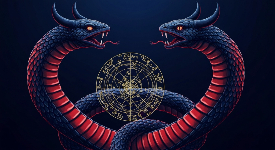Раху и Кету как космические змеи с натальной картой между ними