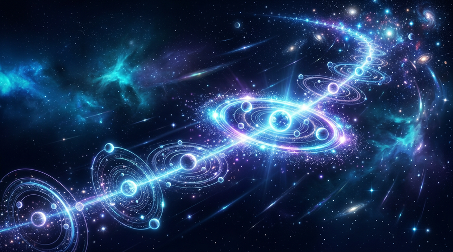 A glowing cosmic timeline of orbital rings with one window highlighted, symbolizing soulmate timing