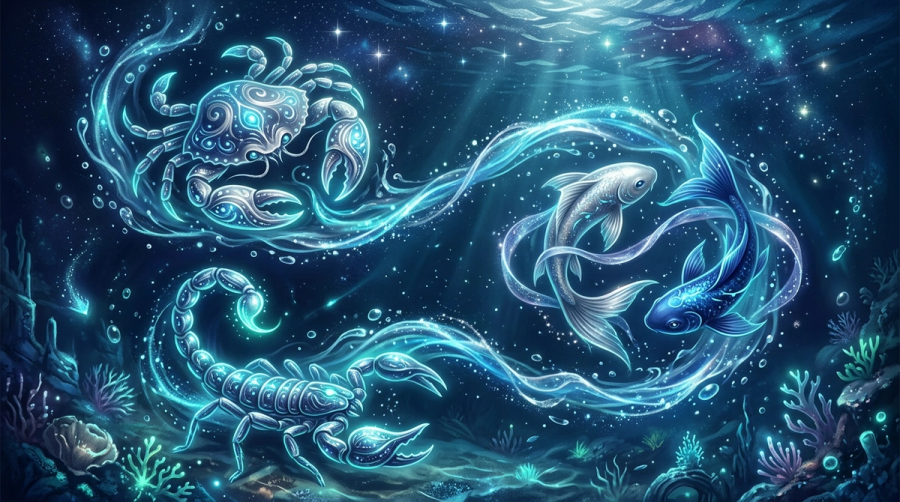 Three water zodiac signs Pisces Cancer and Scorpio connected by flowing luminous energy representing 2026 Mercury retrogrades