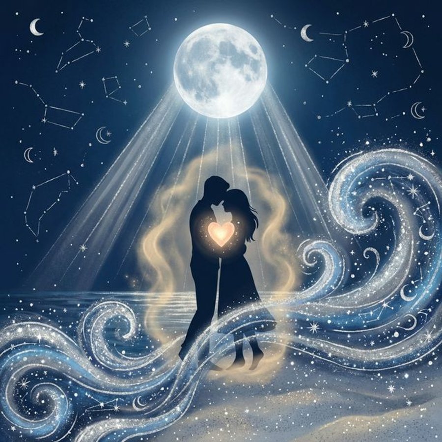 Cancer love and relationships illustration showing couple embracing under full moon with cosmic ocean waves