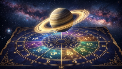 Saturn floating above a detailed astrological birth chart wheel divided into 12 houses