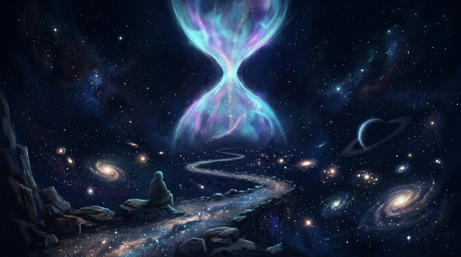 A single light paused on a starlit road beneath an hourglass nebula, symbolizing patience and timing in love