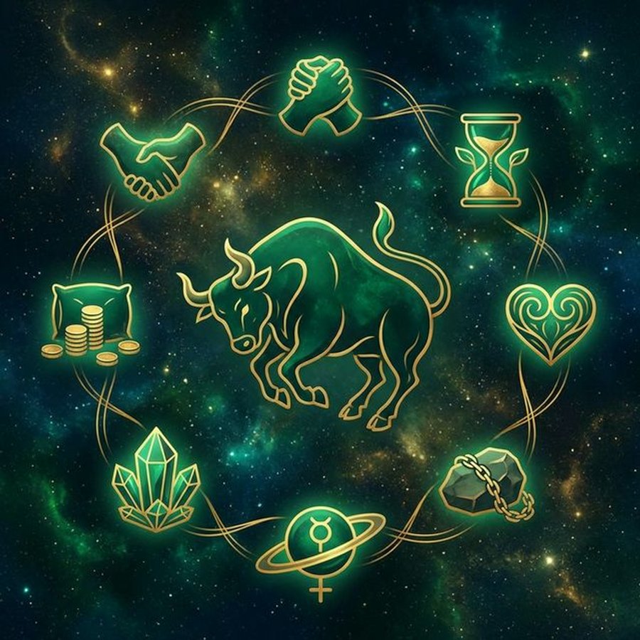 Taurus man personality traits infographic showing Venus rulership, earth element, fixed quality, and core characteristics like loyalty, patience, and sensuality