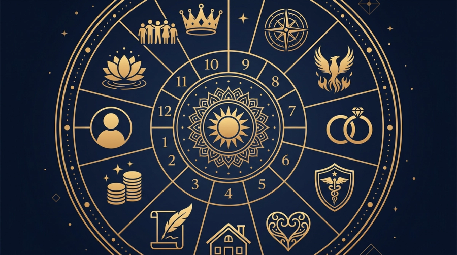 Twelve astrological houses wheel diagram with symbolic icons for each life area