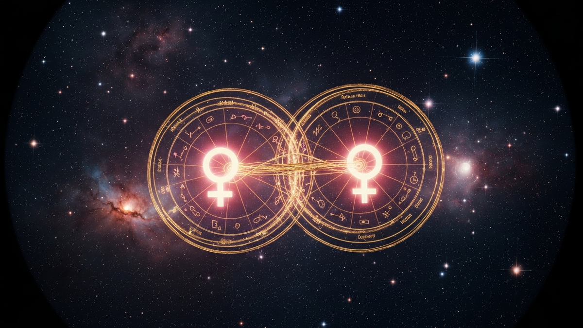 Натальная карта любовь - два колеса карт переплетены в космосе, Венера и Марс