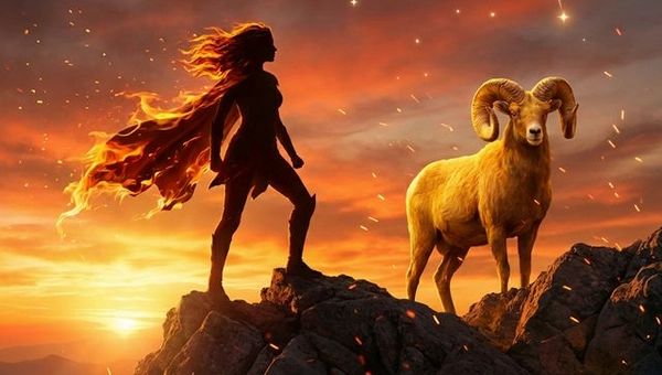 Aries woman zodiac concept with bold warrior goddess silhouette on mountain summit at fiery dawn with golden ram, Mars planet, and Aries constellation in dramatic sunset sky