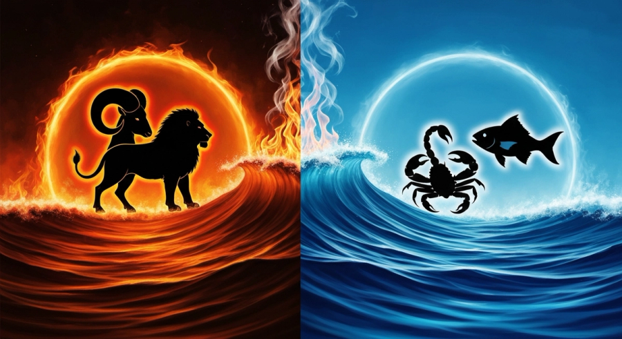 Fire signs with flames and water signs with ocean waves meeting in mystical steam boundary