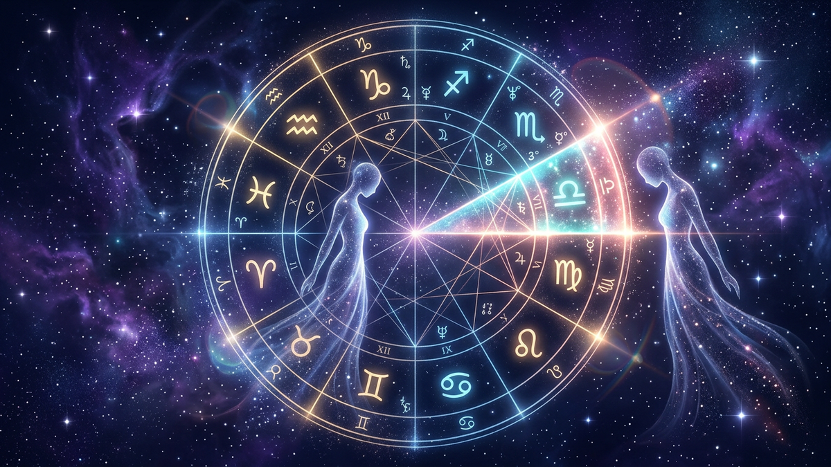Cosmic descendant horizon splitting a starlit zodiac wheel showing the 7th house in astrology as a mirror across the sky