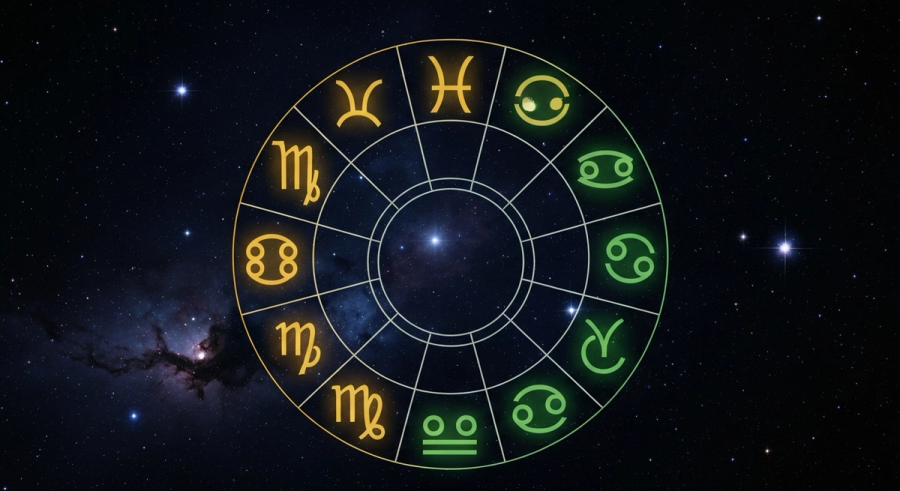 Zodiac wheel with cardinal signs in gold, fixed signs in blue, and mutable signs in green on cosmic background
