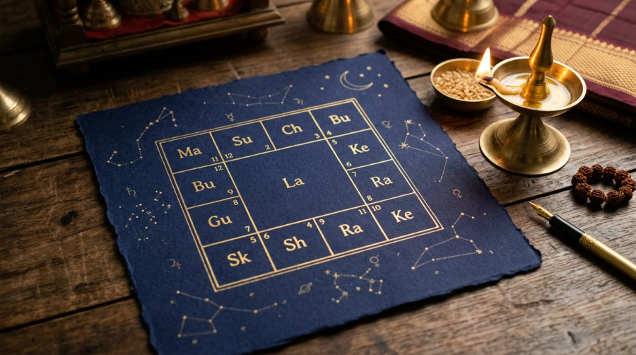 Traditional South Indian Vedic birth chart in gold ink on indigo paper with brass oil lamp