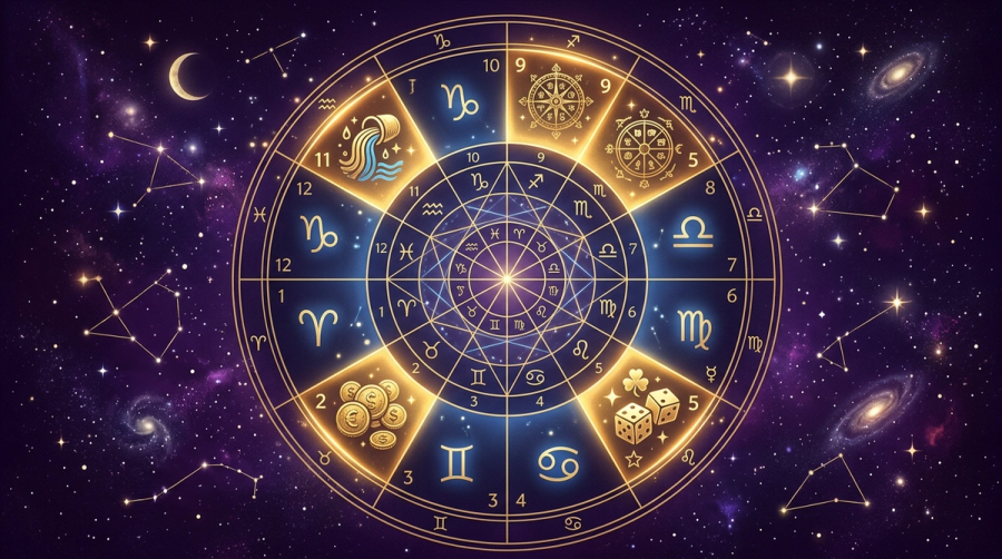 Vedic birth chart highlighting the 2nd 5th 9th and 11th wealth houses with golden coin symbols