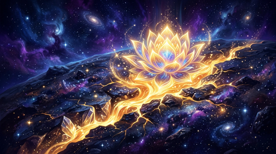 Person standing in starlight with the wound becoming a source of healing light symbolizing Chiron's gift