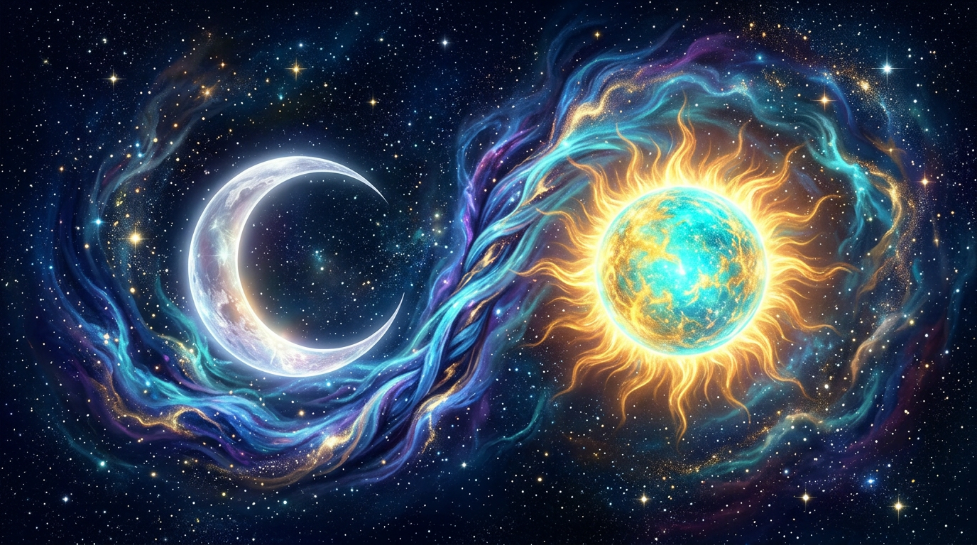 Cancer Leo astrology symbol with a silver crescent moon and a radiant golden sun meeting over a deep navy cosmic sky