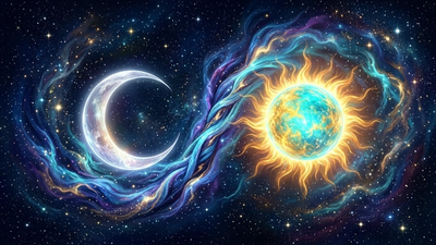 Cancer Leo astrology symbol with a silver crescent moon and a radiant golden sun meeting over a deep navy cosmic sky