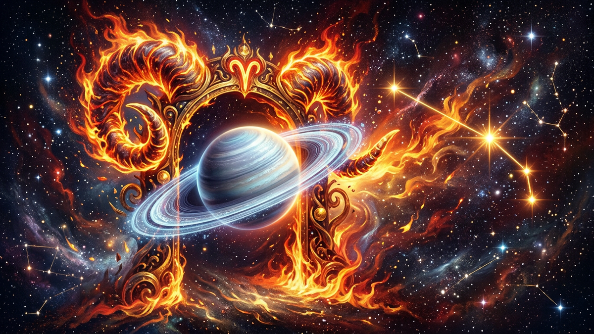 Saturn entering Aries depicted with fiery ram horns and celestial constellation map