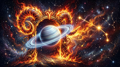 Saturn entering Aries depicted with fiery ram horns and celestial constellation map