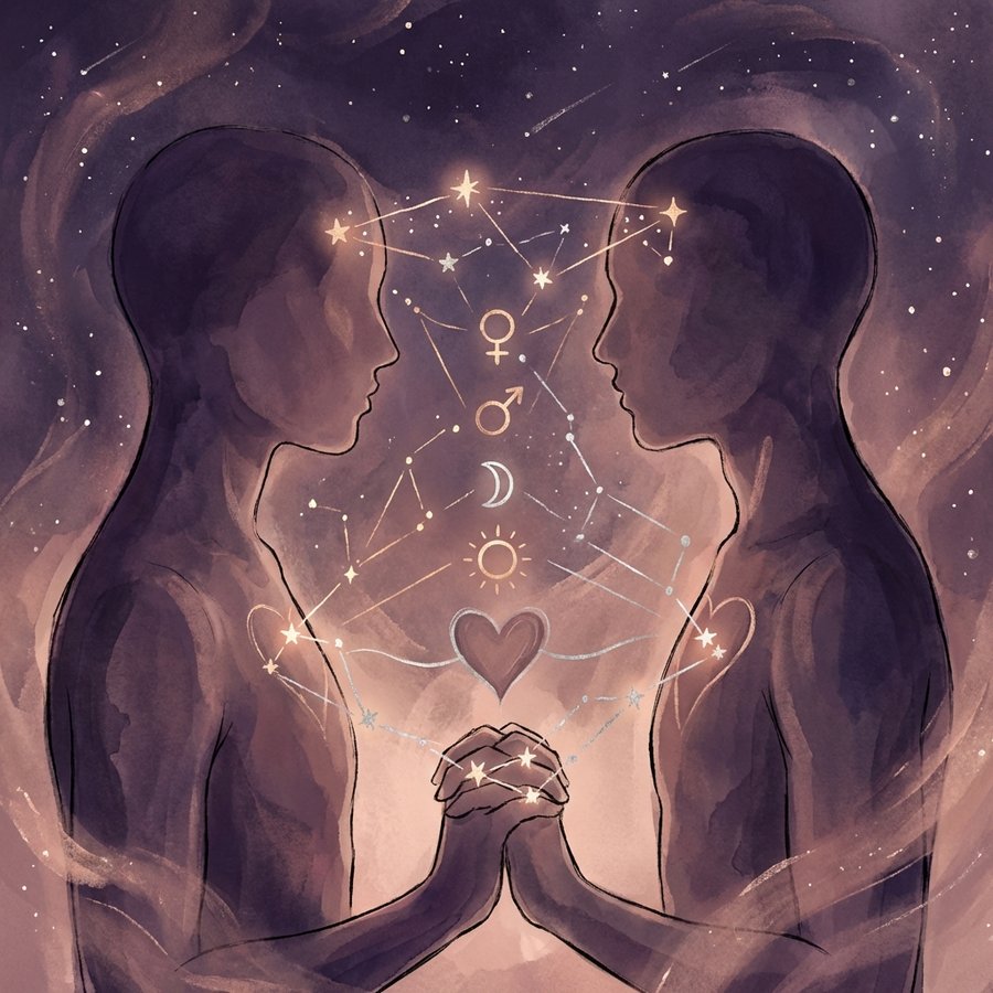 Artistic illustration of two people with cosmic connections representing synastry relationship compatibility in astrology