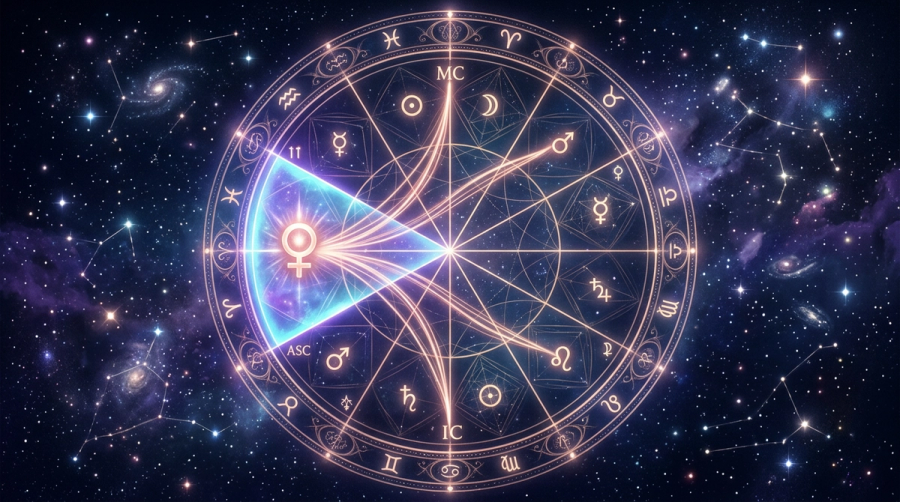 Astrology natal chart wheel with the 7th house highlighted and lines from its ruler to other houses showing 7th house ruler placement effects