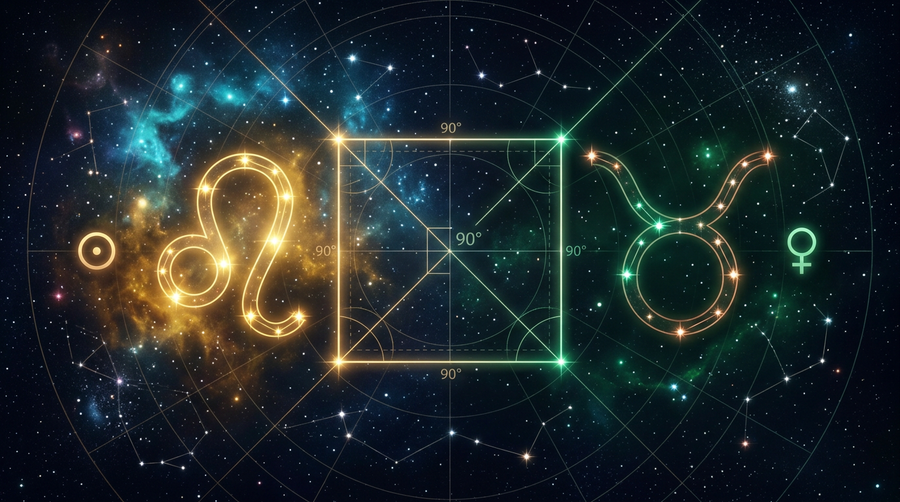 Leo and Taurus zodiac glyphs joined by 90-degree square aspect lines with Sun and Venus symbols on a star map