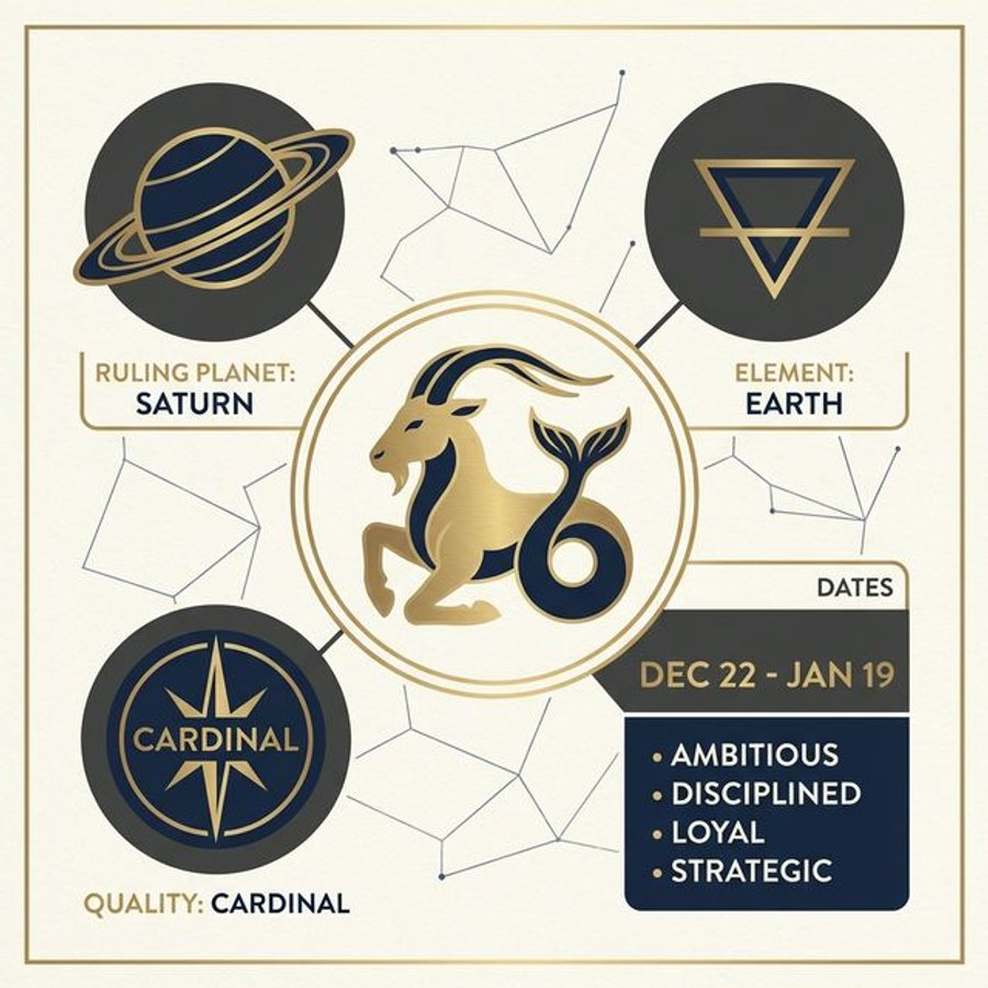 Capricorn zodiac infographic showing the sea-goat symbol, Saturn rulership, earth element, and key personality traits
