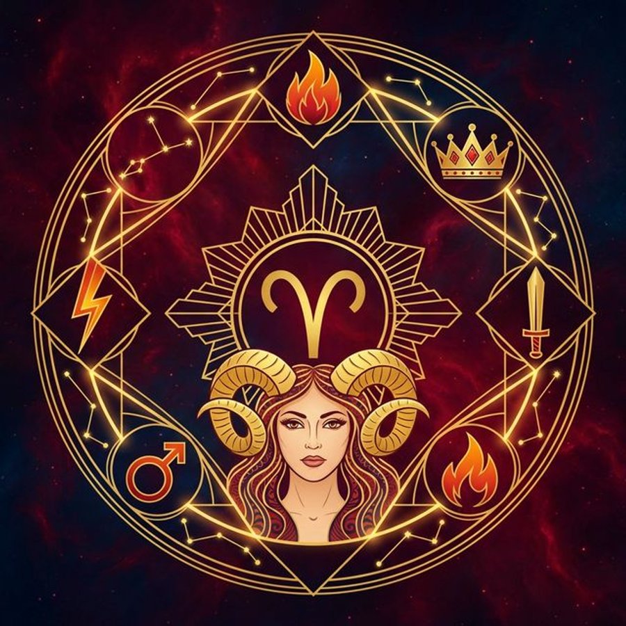 Aries woman personality traits infographic with golden ram horns glyph surrounded by flame, crown, sword, Mars symbol, lightning bolt, and diamond symbols in crimson and gold cosmic art deco style