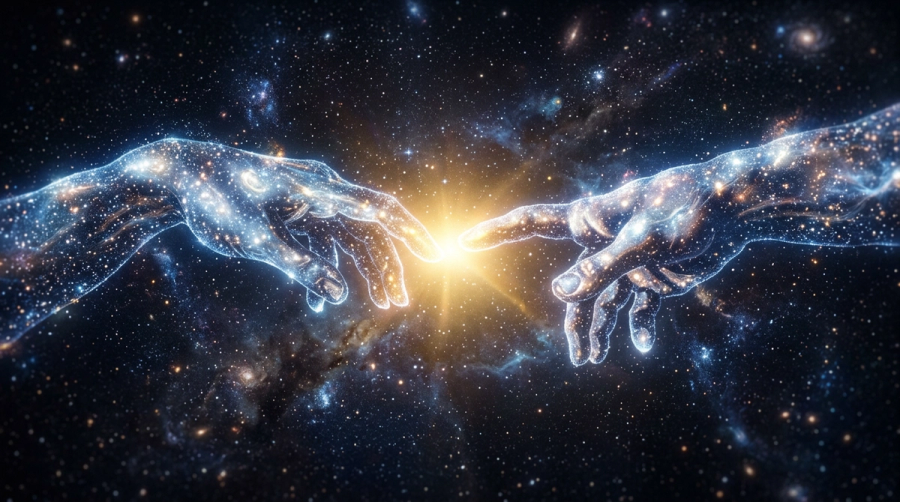 Starlight hands reaching across cosmic divide representing healing through connection