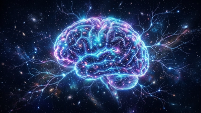 Most intelligent astrology sign concept - a glowing cosmic brain formed from constellations