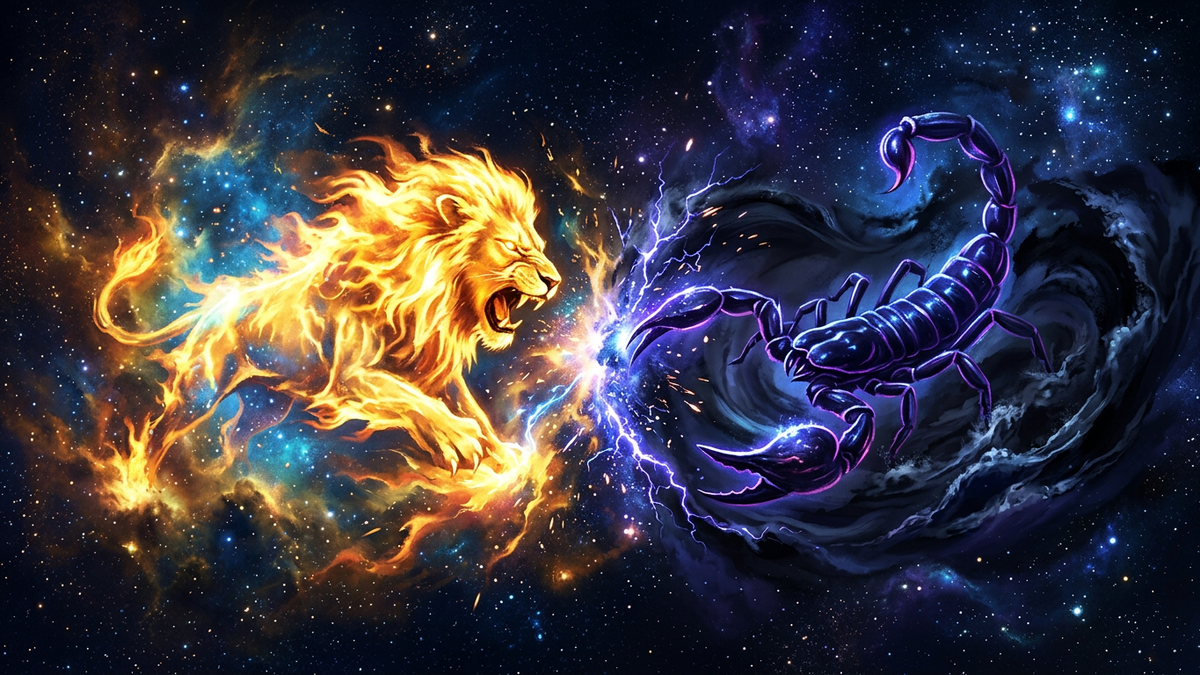 Golden solar lion of fire meeting a deep water scorpion in cosmic space for leo and scorpio compatibility