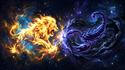 Golden solar lion of fire meeting a deep water scorpion in cosmic space for leo and scorpio compatibility