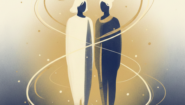 Две фигуры в спокойном свете со светящимися линиями связи между ними, символ магнетизма и привлечения в отношениях