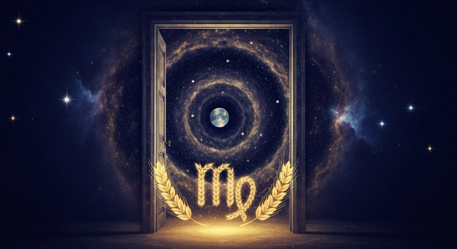 Cosmic doorway with Mercury and Virgo wheat symbol glowing at the threshold between worlds