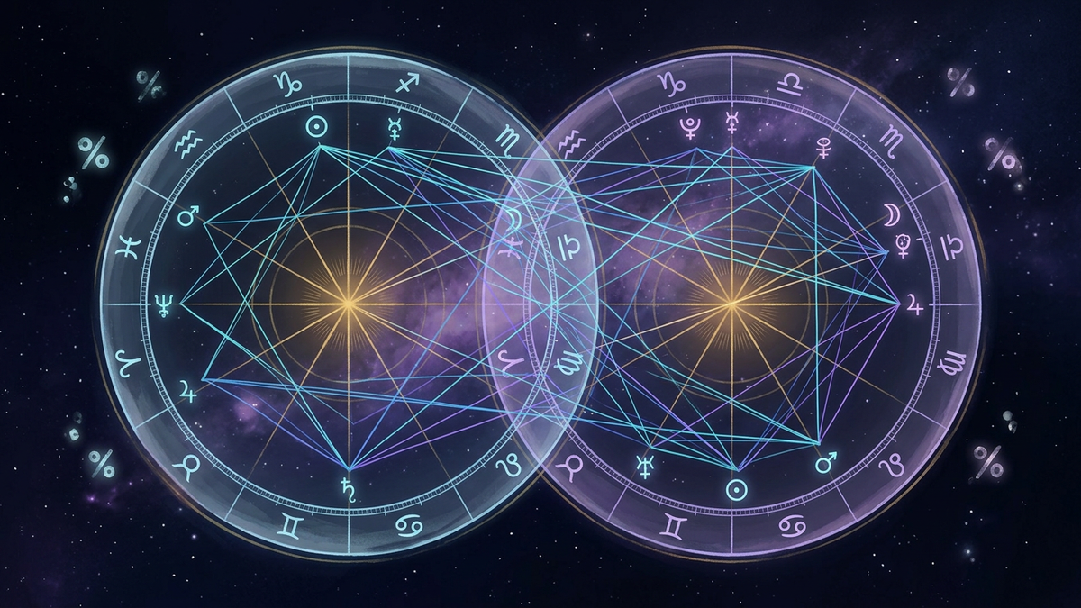 Two overlapping cosmic birth chart wheels with cyan and gold aspect lines forming a compatibility test that goes beyond sun signs