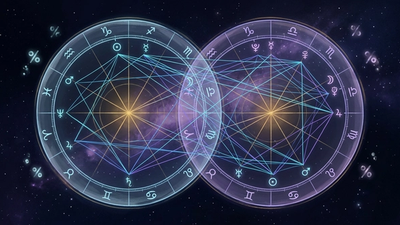 Two overlapping cosmic birth chart wheels with cyan and gold aspect lines forming a compatibility test that goes beyond sun signs