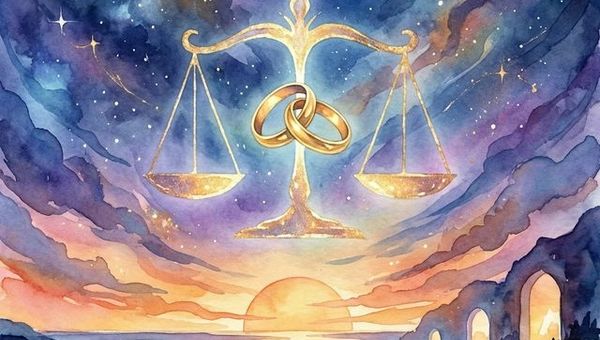 7th house astrology illustration showing partnership and marriage themes with Libra scales and Venus in cosmic purple and rose gold setting