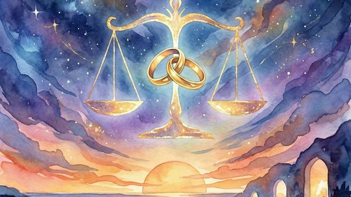 7th house astrology illustration showing partnership and marriage themes with Libra scales and Venus in cosmic purple and rose gold setting
