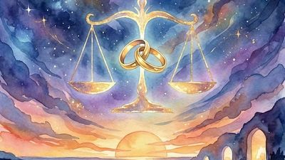 7th house astrology illustration showing partnership and marriage themes with Libra scales and Venus in cosmic purple and rose gold setting