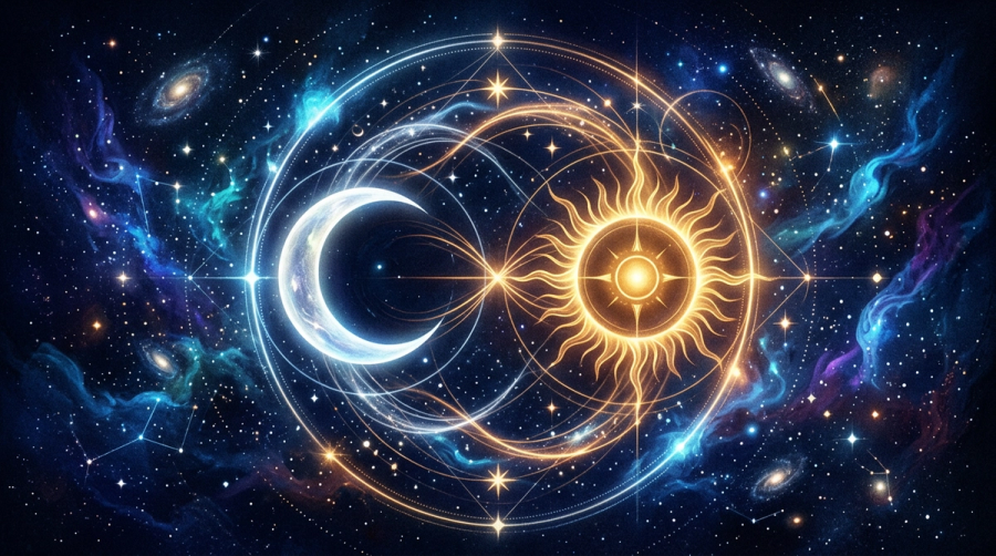 Crescent moon glyph and radiant sun glyph orbiting each other connected by light representing Cancer Leo synastry