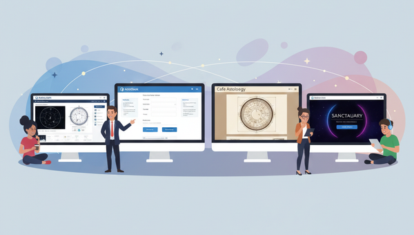 Иллюстрация четырёх компьютеров с разными астрологическими сервисами, люди выбирают подходящий для себя