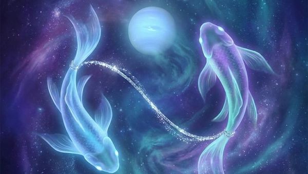 Pisces two fish symbol swimming in opposite directions in a cosmic ocean with Neptune and constellation stars