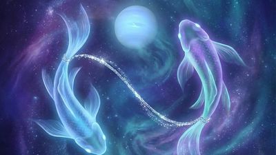Pisces two fish symbol swimming in opposite directions in a cosmic ocean with Neptune and constellation stars