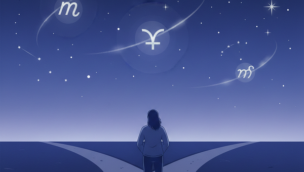 Иллюстрация: человек в точке выбора между путями, планеты в небе символизируют влияние астрологических энергий