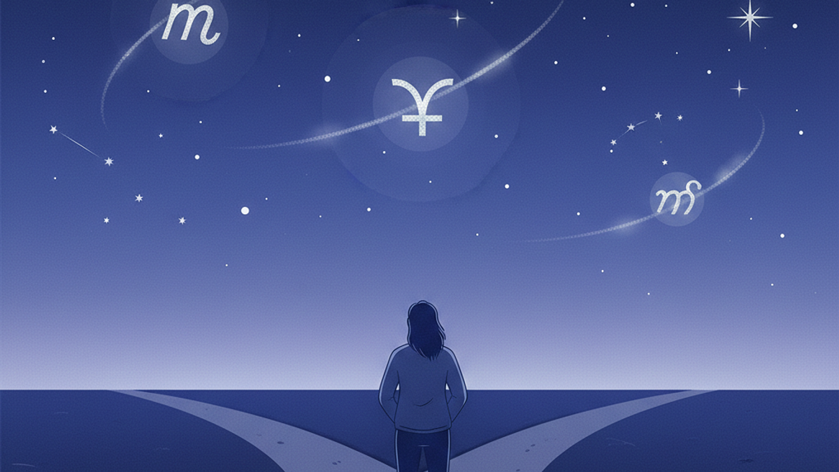 Иллюстрация: человек в точке выбора между путями, планеты в небе символизируют влияние астрологических энергий