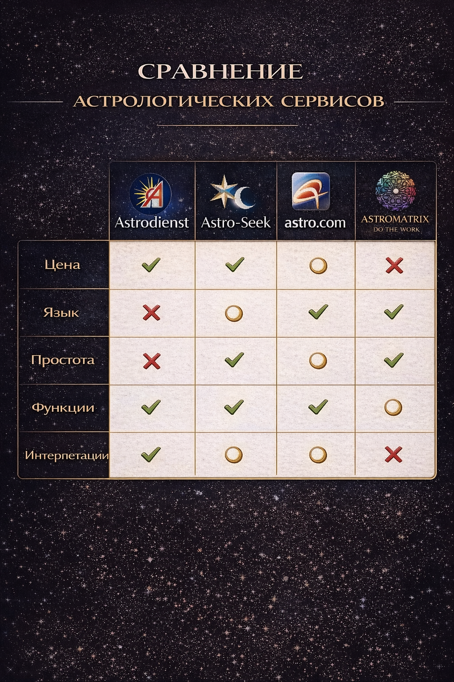 Таблица сравнения четырёх астрологических сервисов по критериям цены, языка, простоты и функций