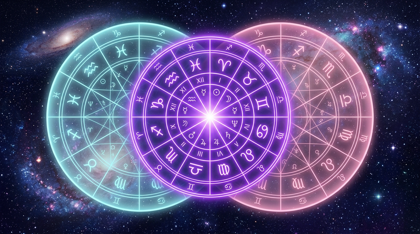 Two birth charts merging into a single composite chart wheel showing the relationship's planetary midpoints